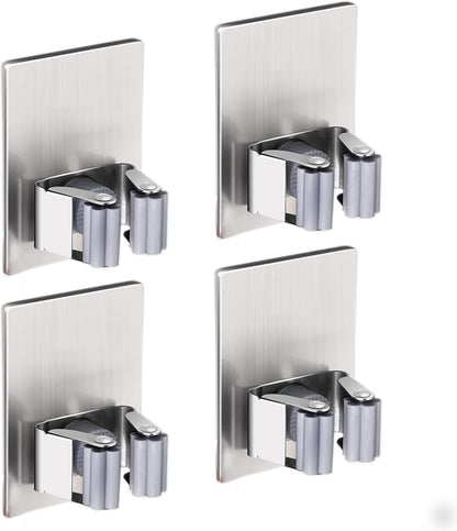 HANZE 4 Pack Stainless Steel Mop Broom Holder Organizer, Self Adhesive Wall Mounted Mop Organizer Storage Rack Clip for Kitchen Bathroom and Garage (Rectangle, Large)