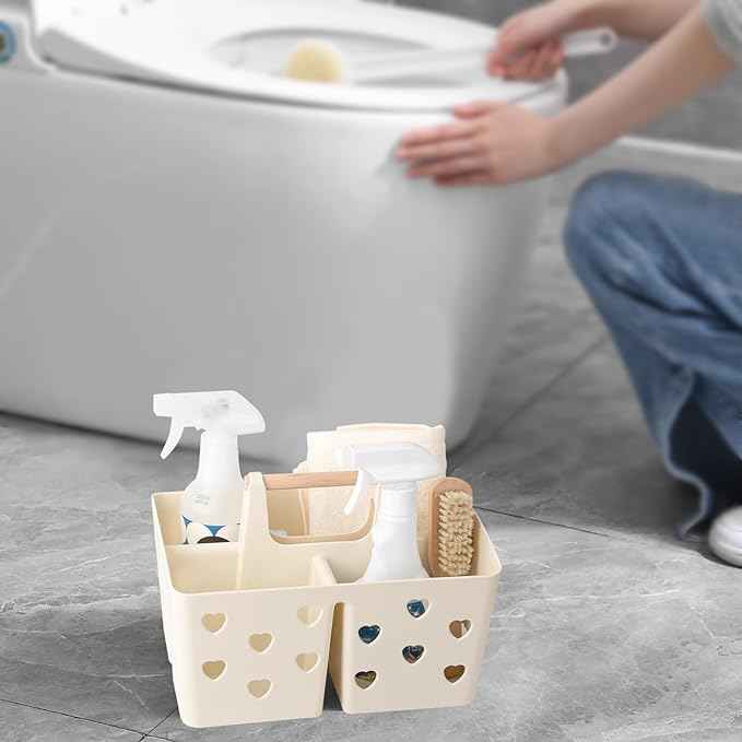 Anyoifax Portable Shower Caddy Plastic Shower Basket Organizer Divided Bathroom Caddy Storage Cleanning Caddy Tote with Handle for College, Dorm Room, Kitchen, Beige