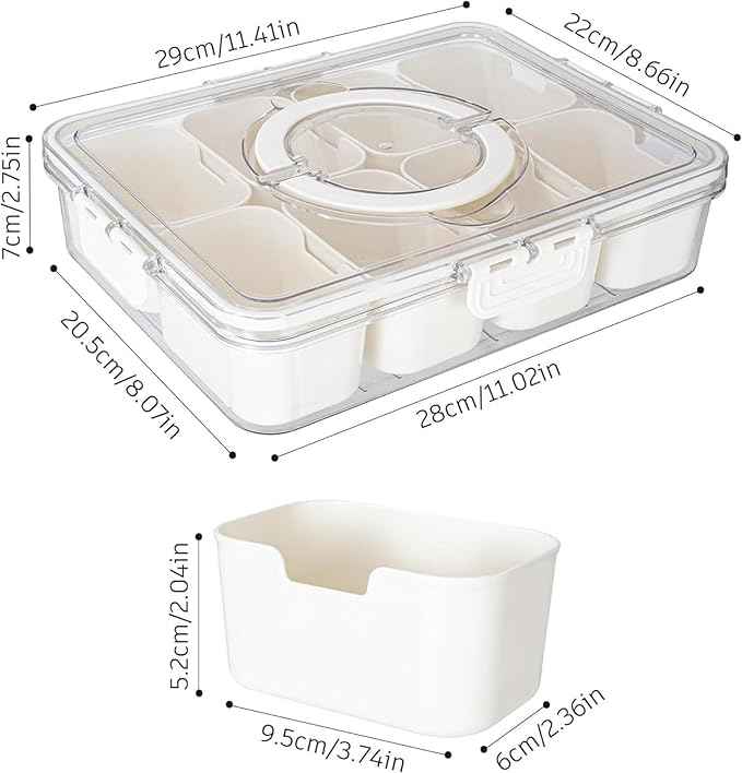 Divided Snack Serving Tray with Lid and Handle travel Snackle Box Charcuterie Container Portable Storage Organizer for Candy, Fruits, Nuts, Snacks 1Pack White