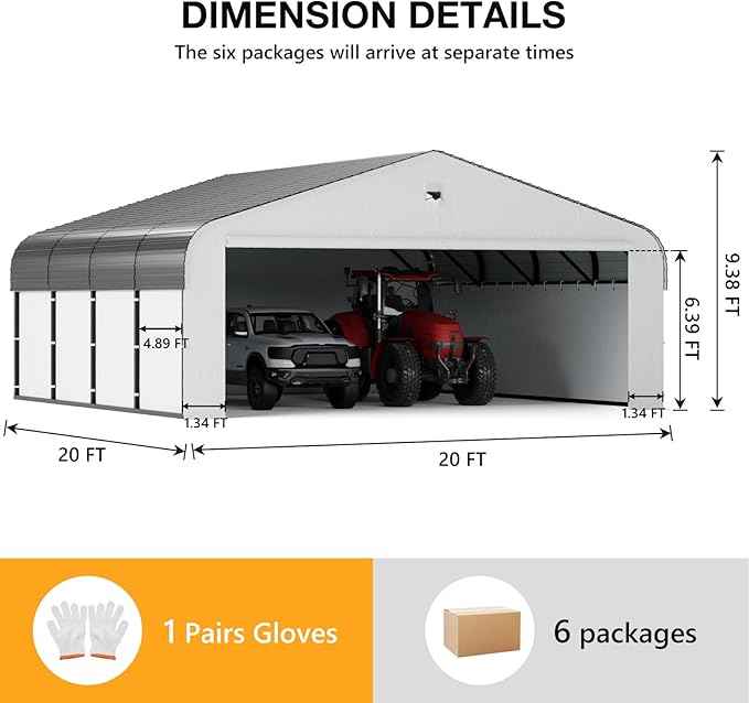 20x20 Metal Carport, Heavy Duty 2-Car Carport Canopy, CarPorts with Removable Polyethylene Sidewalls, Galvanized Steel Roof Car Tent Garage