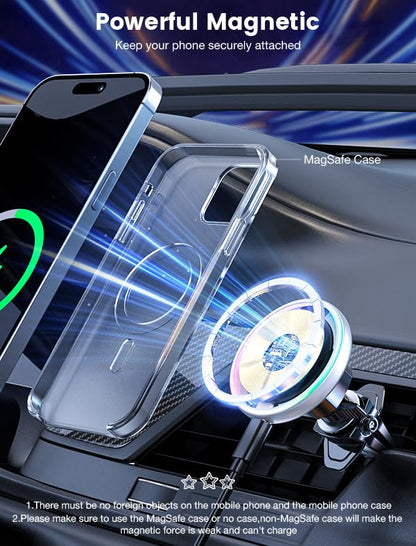 for Magsafe Car Mount Charger 15W LED RGB Car Phone Holder for Dash Vent