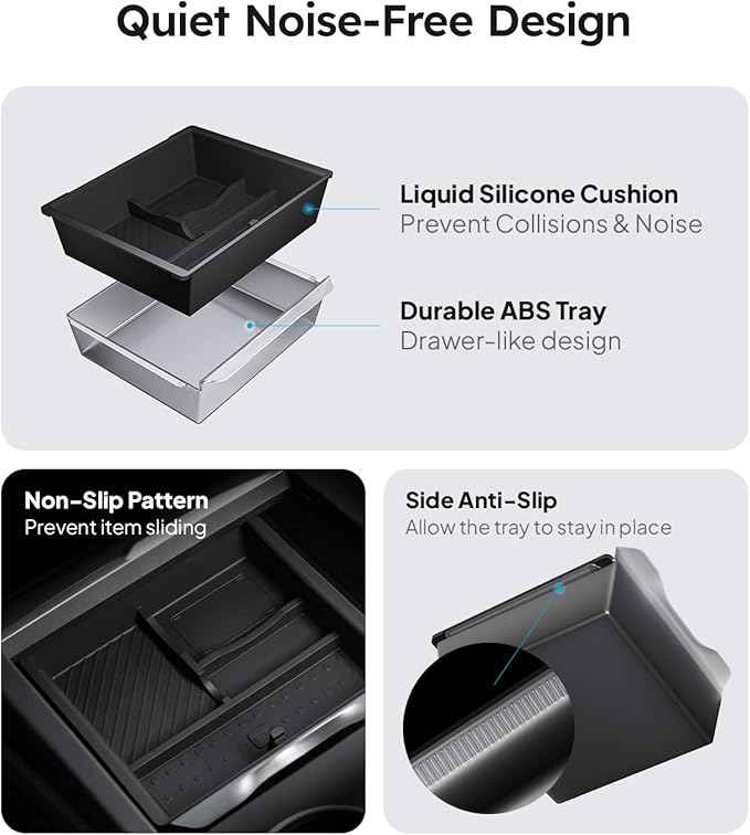 Wigoo Center Console Organizer for Tesla Model Y Juniper (Only Premium & Performance 2025 2026) and All Model 3 Highland Accessories [Double-Layer Storage, Smooth Sliding] 4PCS Black