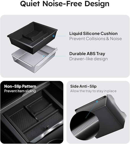 Wigoo Center Console Organizer for Tesla Model Y Juniper (Only Premium & Performance 2025 2026) and All Model 3 Highland Accessories [Double-Layer Storage, Smooth Sliding] 2PCS Black