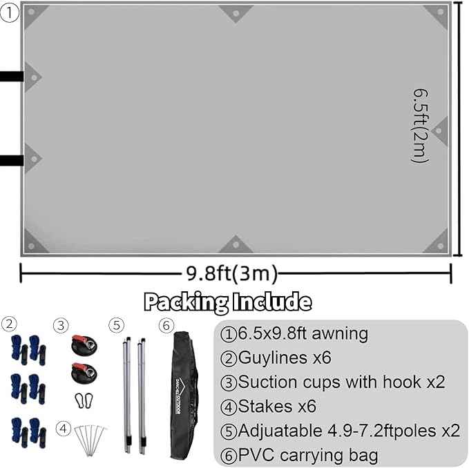 DANCHEL OUTDOOR Portable Suction Cups Car Awning Overland Camping, Needn't Roof Rack Mounting, Waterproof Vehicle Camper Awning Tarp for SUV Truck, 7.7lbs 6.5ftx9.8ft Gray