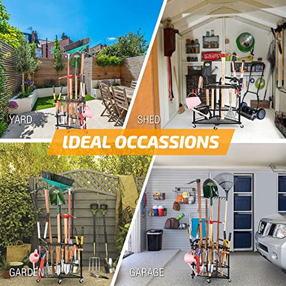 Garden Tool Organizer with Wheels and Storage Hooks