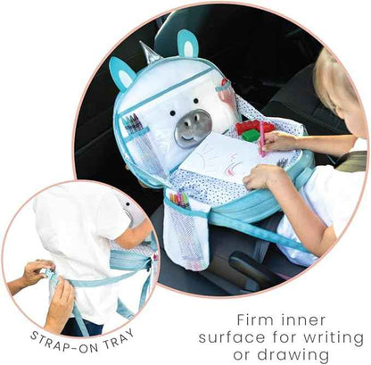 Lulyboo Unicorn Toddler Car Seat Tray & Backpack | Kids Travel Lap Desk with Writing Surface, Built-in Cup Holder, 8 Pockets, Tablet Holder, Waterproof & Portable for Car, Airplane, and On-the-Go