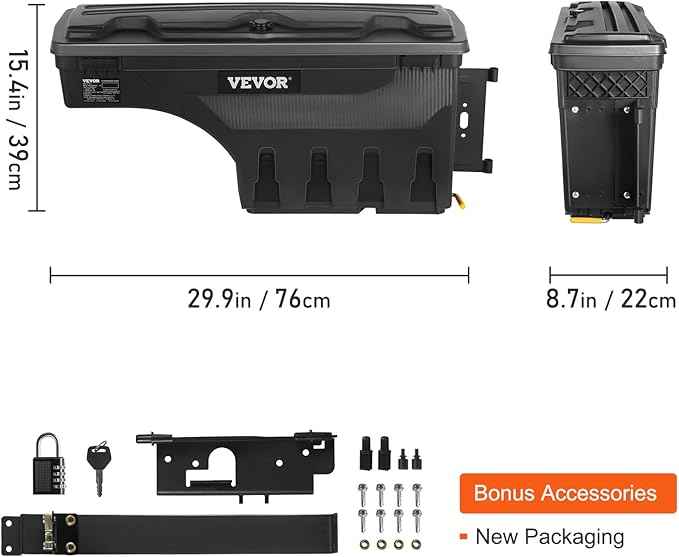 VEVOR Truck Bed Storage Box, Lockable Lid, Waterproof ABS Wheel Well Tool Box 6.6 Gal/20 L with Password Padlock, Compatible with Dodge Ram 1500 2019-2021, Passenger Side, Black
