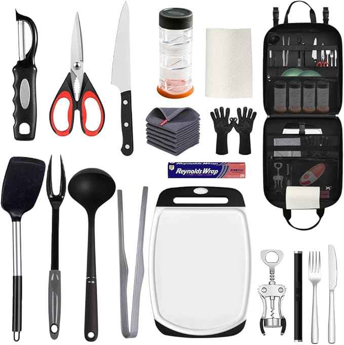 Large Camp Kitchen Organizer, High Capacity Camping Cooking Utensils Bag, with Paper Towel Holder, Multi-pocket Waterproof Camping Utensils Holder for BBQ Outdoor Cooking Essentials