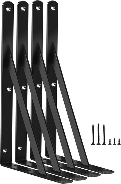 4 Pack L12 x H 8" Black Heavy Duty Shelf Brackets with Screws Metal Shelf Brackets Shelf Support Angle Brackets for Shelves L Brackets Heavy Duty Floating Shelf