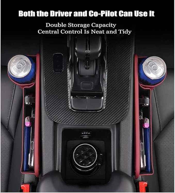2 Pcs Car Seat Gap Filler Organizer for Tesla Model 3 Model X Model Y Model S, PU Leather Front Seat Storage Box Console Side Pockets with Cup Holder Charging Cable Hole,C/Black