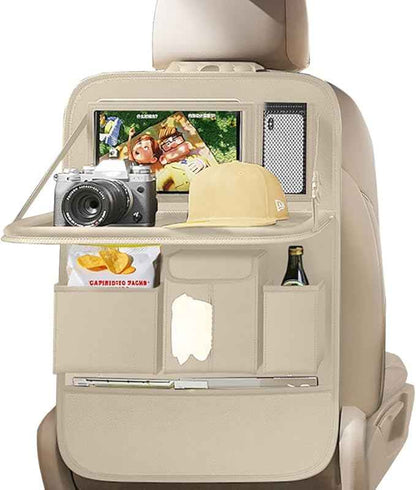 Car Seat Organizers,Multi-functional Back Seat Protectors, Storage Pouches, and Tray Holders (for Cars, Kids, Seat Back and Rear Seats) (Plain Beige, 1 Pcs)