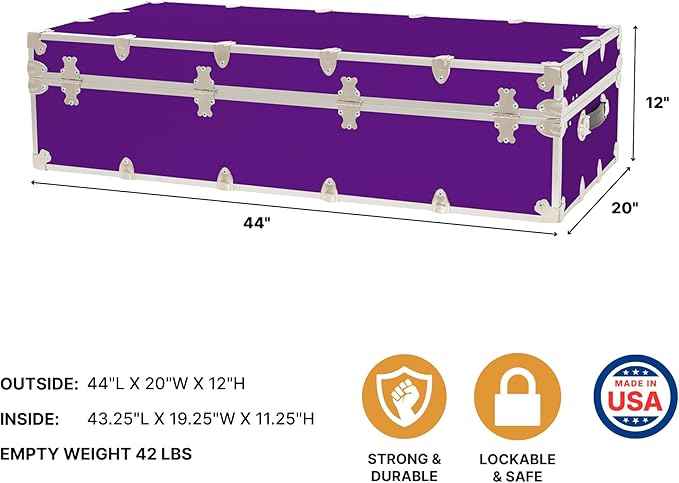 Rhino Trunk & Case Trundle Home Storage & College Trunk With Wheels - 44”x20”x12” - 1500+ lbs Capacity. USA Made Secure Under-Dorm Bed Footlocker for Clothes and Food, and Underbed Shoe Storage Box