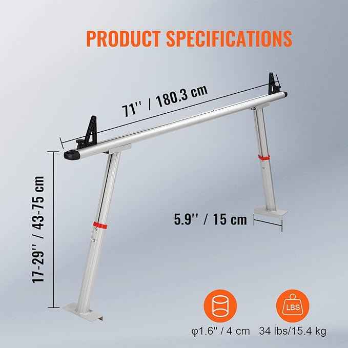 VEVOR Truck Rack, 19-34in Adjustable Height Ladder Rack for Truck, Aluminum 800 lbs Capacity with 8 Non-Drilling C-Clamps, Heavy Duty Truck Bed Rack Two-Bar Set for Kayak, Surfboard, Lumber, Ladder