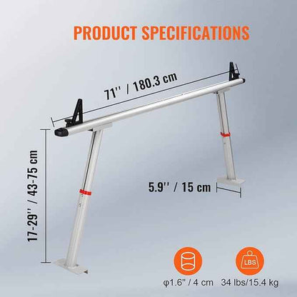 VEVOR Truck Rack, 19-34in Adjustable Height Ladder Rack for Truck, Aluminum 800 lbs Capacity with 8 Non-Drilling C-Clamps, Heavy Duty Truck Bed Rack Two-Bar Set for Kayak, Surfboard, Lumber, Ladder