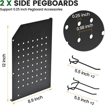 TRZZ Power Tool Organizer Wall Mount, 3-Layer Drill Holder with 2 Side Pegboards, Cordless Drill Rack with 4 Hooks, Efficient Storage for Workshop, Garage, and Tool Room (Black)