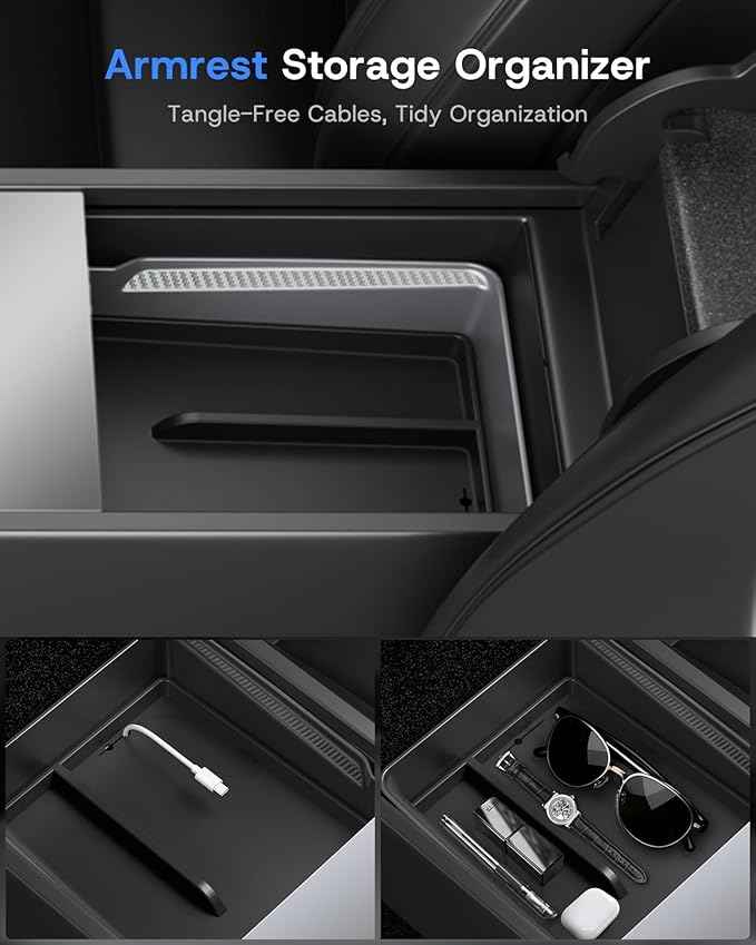 Center Console Organizer for Tesla Model Y Juniper Accessories 2026 2025 & Tesla Model 3 Highland Accessories [Durable PC + Silent Silicone Liner] Armrest Storage Tray Wireless Charging Pad Cup Holder