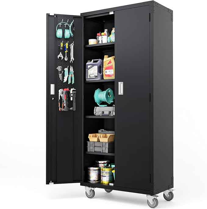 VINGLI 72'' Tall Garage Storage Cabinet, Metal Storage Cabinet with Pegboards, Wheels, Locking Doors and Adjustable Shelves (Black, 32''W x 16''D x 72''H)