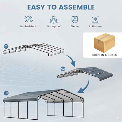EROMMY 20‘x20’ Stable Metal Carport, All-Weather Heavy-Duty Carports with Strong Base, Sturdy Car Shed with Galvanized Steel Roof and Frame, Easy Assembly Car Port for 2 Cars, Tractors, Boat, Gray