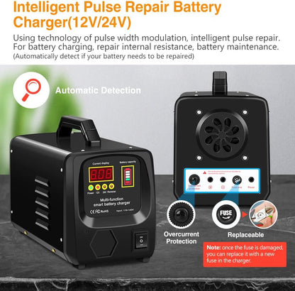 Outerman Car Battery Charger,24V/12V Fully-Automatic Battery Charger for Lead-Acid Batteries,Fast Charging Battery Maintainer/Trickle Charger/Battery Desulfator,for Large Capacity: 6~300AH