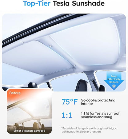 Wigoo Tesla Model 3 Sunshade Roof [Never Sag, Nano Ice-Crystal Coatings] 3-Gen Heat Insulation Glass Roof Sun Shade, Accessories for Tesla Model 3 2020~2026 Highland, Interior Gray