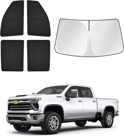 Sunshades for Chevrolet/Chevy Silverado 2500 3500 Crew Cab 2020-2026 Accessories Windshield Sun Shade Side Rear Window Shade Cover Sun Visor Shield Privacy Protection Keep Car Cool Black 5PCS