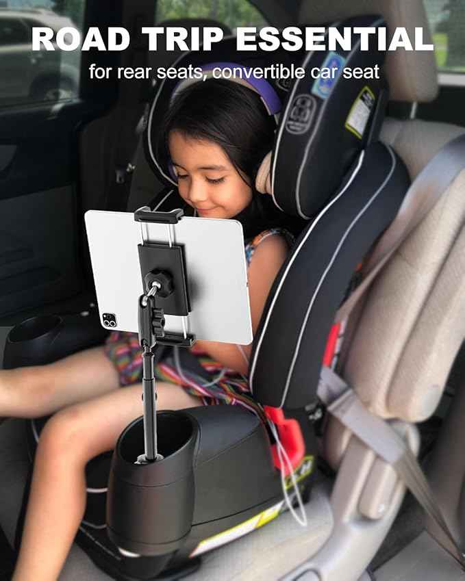 iPad Cup Holder Car Mount Heavy Duty [Height Adjust] Metal Long Arm Cup Holder Tablet Mount for Car, Truck, Compatible with 4.7-13" iPad Pro Air Mini, Galaxy Tab, iPhone, Cell Phone