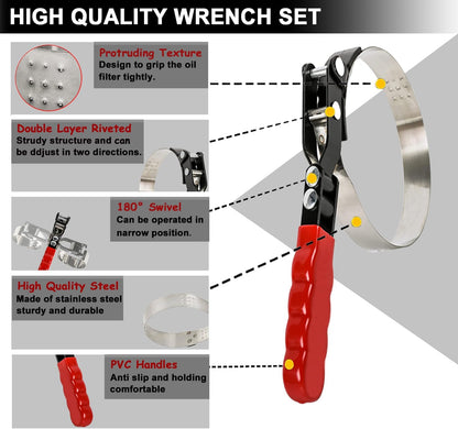 8pcs Oil Filter Wrench Set, 12" Adjustable Oil Filter Pliers with Flexible Oil Funnel, Oil filter Removal Tool Adjustable from 1-1/4"-5-2/5"