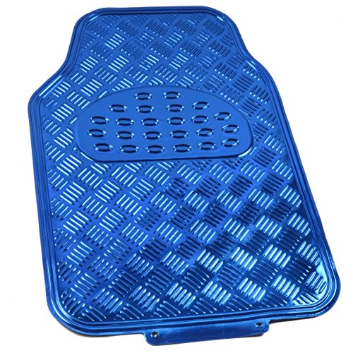 4-Piece All-Weather Universal Fit Front & Rear Floor Mats for Cars Trucks SUVs Vans, All-Weather Easy-to-Clean Diamond Metal Pattern Durable Heavy Duty Non-Slip Protection - Metallic Blue