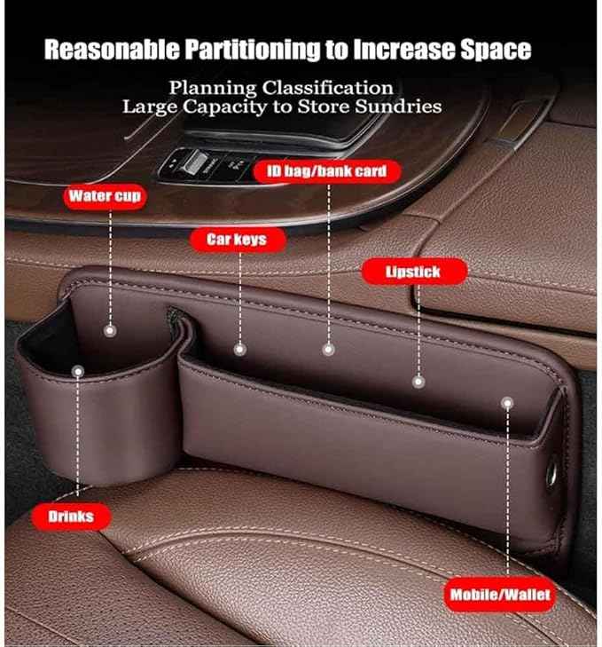 2 Pcs Car Seat Gap Filler Organizer for Tesla Model 3 Model X Model Y Model S, PU Leather Front Seat Storage Box Console Side Pockets with Cup Holder Charging Cable Hole,B/Beige