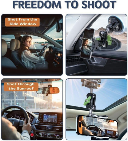 Suction Cup Phone Mount, Ultra-Stable Phone Holder for Vlog Shooting, 360 Rotation for Windshield, Roof Glass, Car Window, Fit for All Smartphones