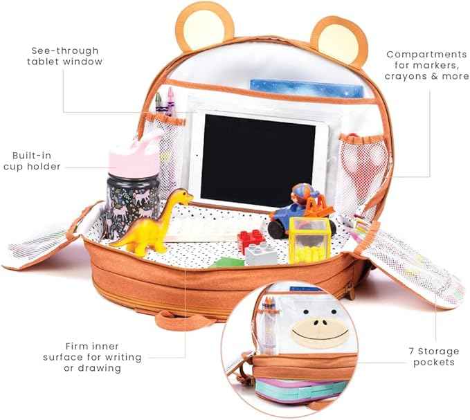 Lulyboo Toddler Car Seat Tray & Backpack - Multipurpose Travel Lap Desk with Built-in Cup Holder, 8 Storage Pockets, Waterproof Cover, Animal Unicorn Design, Inflatable Airplane & Car Travel Accessory