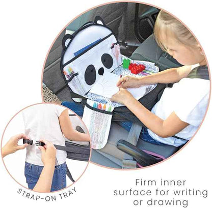 Lulyboo Toddler Car Seat Tray & Backpack - Kids Travel Lap Desk with Writing Surface, Panda Theme, Waterproof Spill-Proof, 8 Pockets, Built-in Tablet Holder, Adjustable Straps for Car & Air Travel