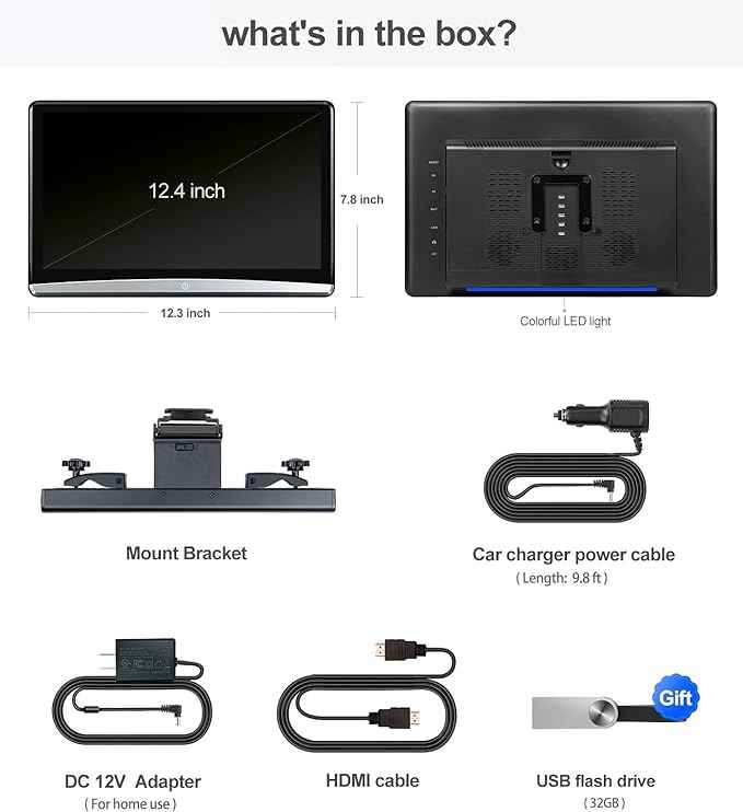 12.4" Android Universal 4K Car TV Headrest Monitor Tablet for Back seat, Support Phone Wireless Connection Mirror Link Touch Screen,with WiFi/Bluetooth/HDMI/USB/AV in/SD/Airplay Video Player(1*pcs)