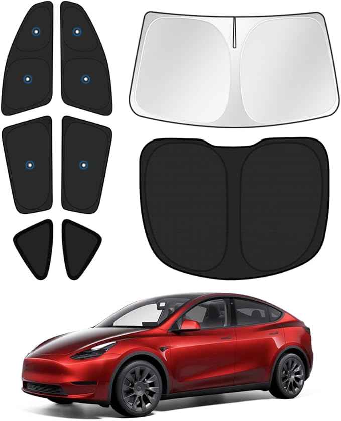 Upgraded Window Shades for 2020-2024 Tesla Model Y Accessories with Suction Cups Windshield Sun Shade Side Rear Window Covers Sunshade Sun Shield Privacy Protection for Camping Black 8PCS