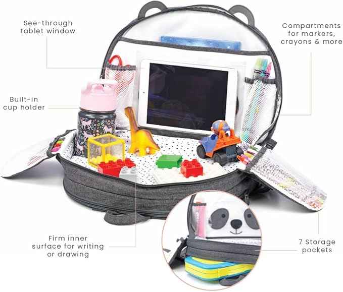 Lulyboo Toddler Car Seat Tray & Backpack - Kids Travel Lap Desk with Writing Surface, Panda Theme, Waterproof Spill-Proof, 8 Pockets, Built-in Tablet Holder, Adjustable Straps for Car & Air Travel