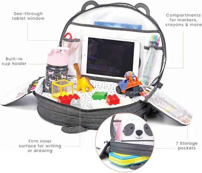 Lulyboo Toddler Car Seat Tray & Backpack - Kids Travel Lap Desk with Writing Surface, Panda Theme, Waterproof Spill-Proof, 8 Pockets, Built-in Tablet Holder, Adjustable Straps for Car & Air Travel
