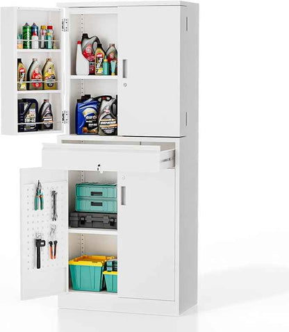 VINGLI Metal Storage Cabinet with 4 Doors & 1 Drawer, 71'' Steel Locking Cabinet with 6 Door Hanging Shelves and Adjustable Shelves for Garage, Warehouse, Home Kitchen, Dining Living Room (White)