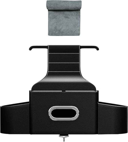 Back Seat Car Organizer with one Towel Leather wood materials Car Back Seat Storage Box 2 Drink Cup Holder Tissue Box for Hold Phone Drinks Handbag Compatible with Most Vehicles (Black)