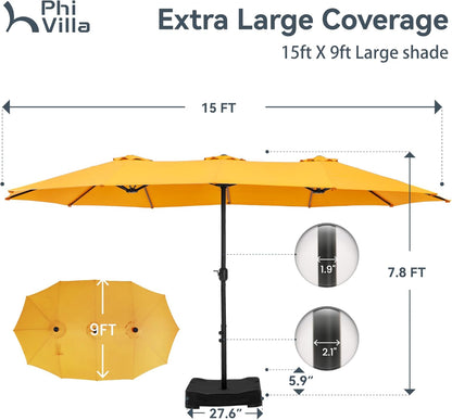 PHI VILLA 15ft Large Patio Umbrellas with Base Included, Outdoor Double-Sided Rectangle Market Umbrella with Stand, Outside Umbrellas for Poolside Lawn Garden, Golden Yellowwith