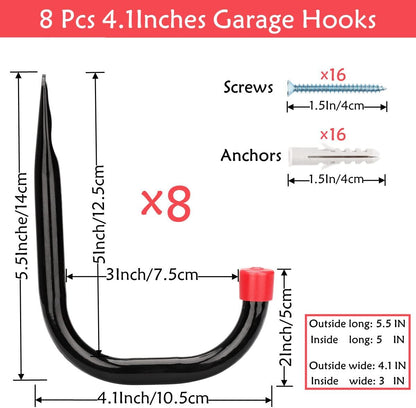 Heavy Duty Steel Garage Storage Utility Hooks, 8 Pack Wall Mount Hanging Storage Utility Naikozmo Hanger, Black and Red