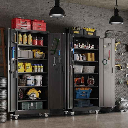 Aobabo Garage Storage Cabinet with Door Pegboard,Lockable Metal Storage Cabinet with 5 Adjustable Shelves for Garage Home,Required Assembly,Black