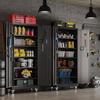 Metal Garage Storage Cabinet with Wheels and Door Pegboard