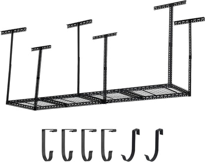 Overhead Garage Storage Rack 2x8 FT, Steel Ceiling Shelves 660lb Capacity, Height Adjustable 22-40 Inches, Space-Saving for Attic Basement Shed (Black, 6 Posts)