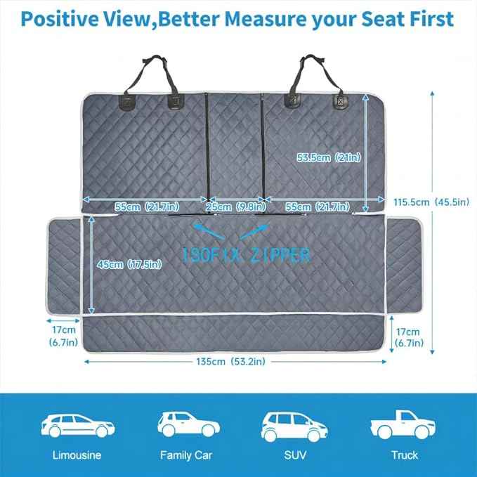 Grey Dog Car Seat Cover for Back Seat,Non-Stick Fur,Pet-Friendly and Waterproof - Universal Fit Interior Protector for Auto, Van, SUV - Ideal for Kids and Pets