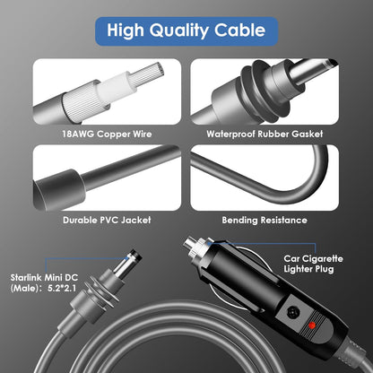 Starlink Mini Car Adapter Cable, 12V Cigarette Lighter to DC Power Cord, 10ft 18AWG Waterproof Charger for Starlink Mini Satellite Internet – 12 Volt Car Adapter (RV, Truck, Off-Grid Setup)