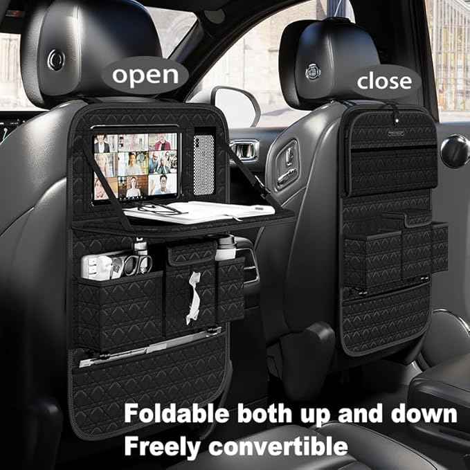 GMQ Backseat Car Organizer 1 Pack, Car Back Seat Organizers with Tray,Multifunctional Car Seat Back Organizer with Foldable Tablet Holder (Black, 1 PC)