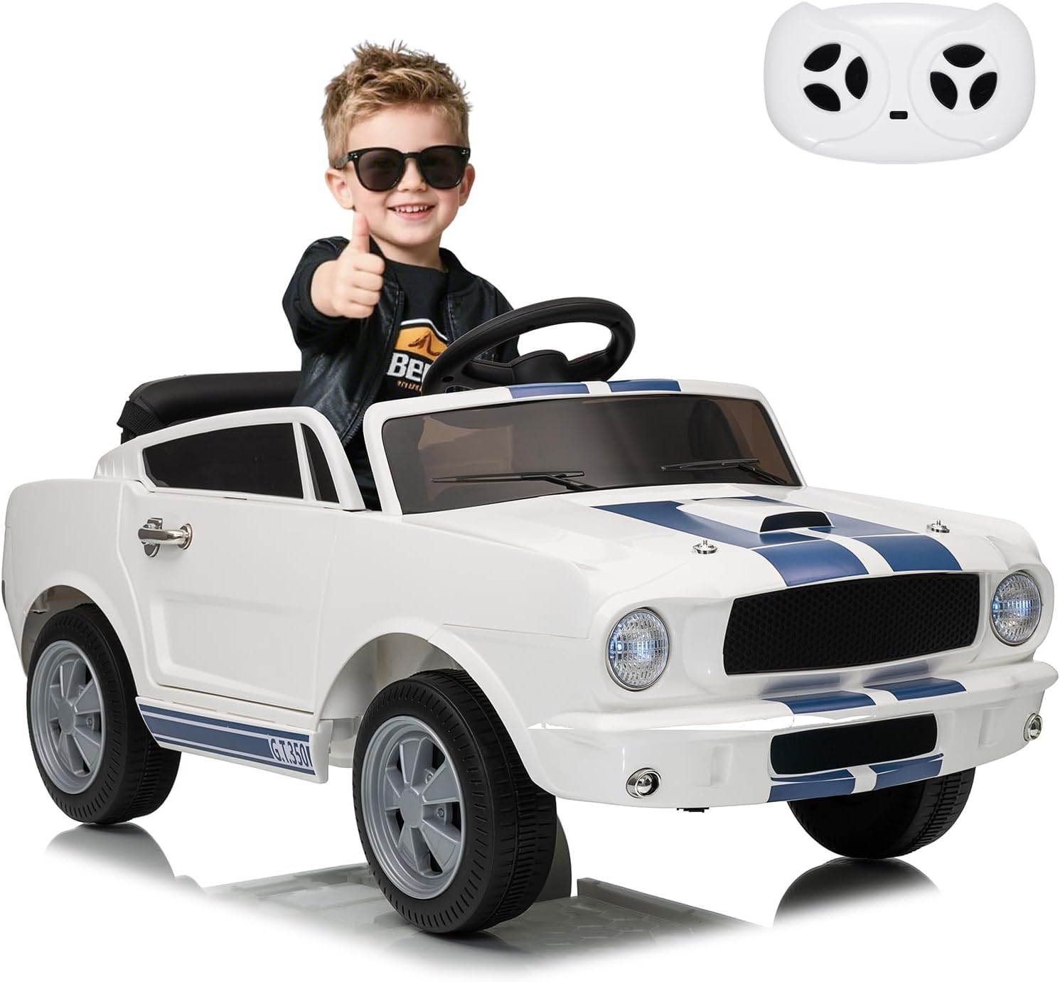 12V Ride on Car Licensed Shelby GT350, Battery Powered Ride On Toy for Toddlers with Remote Control, Electric Car for Kids, Bluetooth, Shock Absorbers, Safety Belt, 3 Speeds, LED Lights, Music, White - AutoBay