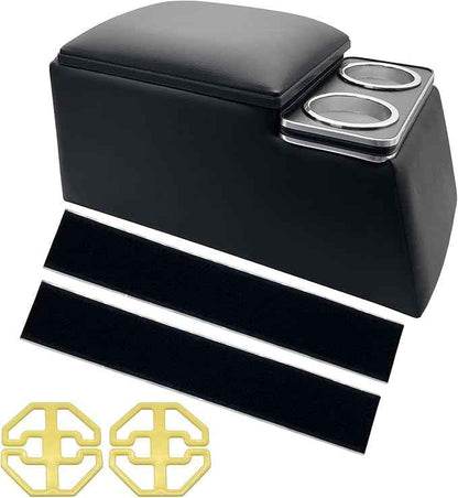 Universal Truck Seat Organizer, Black Storage Box with 2 Cup Holders, Armrest & Padded Lid for Car Organization - Fits SUV & Pickup