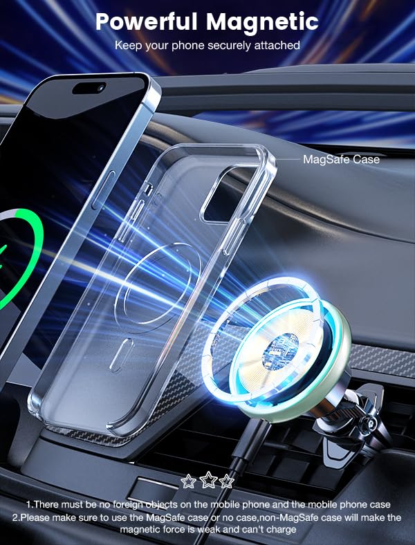 for Magsafe Car Mount Charger 15W LED RGB Car Phone Holder for Dash Vent