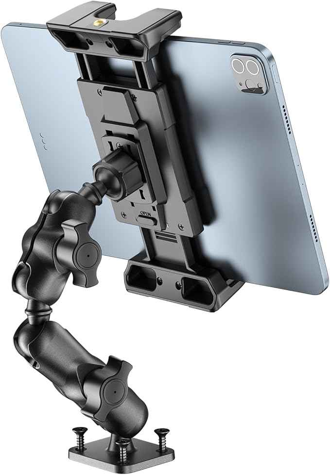 OHLPRO Tablet Mount for Truck - Dual Folding Aluminum Arm, Heavy-Duty Drill Base Car Tablet Holder for iPad & 5"-13" Tablets and Phones, Universal Dashboard Wall Desktop Business Mount